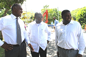 (L-R) Premier of Nevis Hon. Vance Amory, Prime Minister of St. Kitts and Nevis Rt. Hon. Dr. Denzil Douglas and Junior Minister in the Ministry of Communication and Works Hon. Troy Liburd touring ongoing work in the Caribbean Development Bank-funded Nevis Water Supply Enhancement Project on October 08, 2014